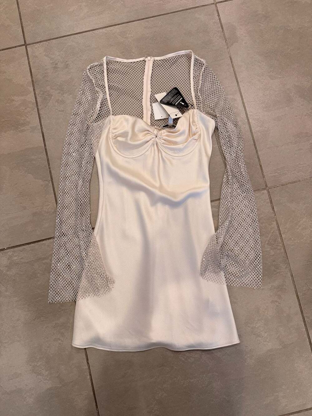Rare London Cream Satin & Diamante Mesh Long Sleeve Mini Dress
